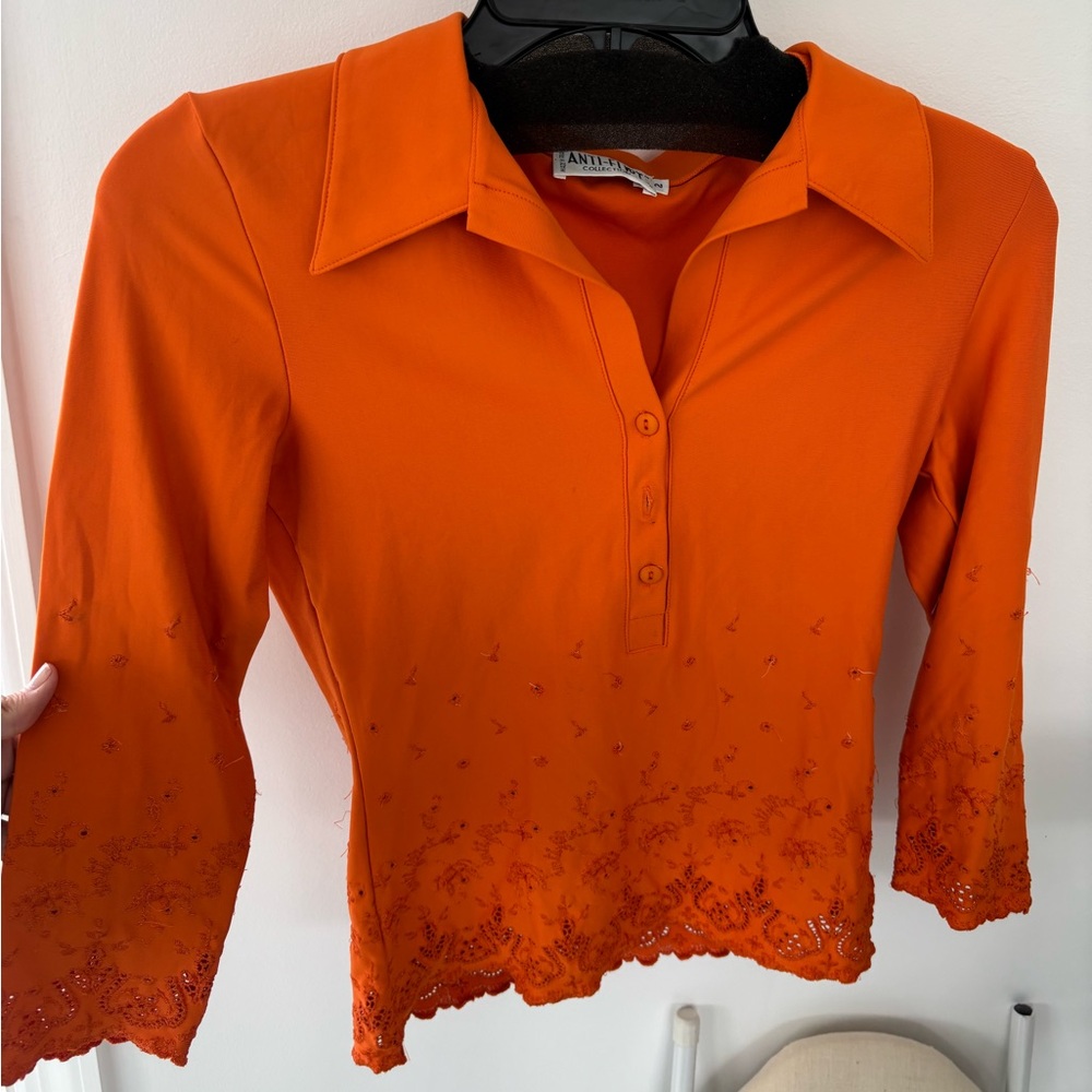 Anti Flirt Orange Embroidered Button-Up Women's Long Sleeve Top